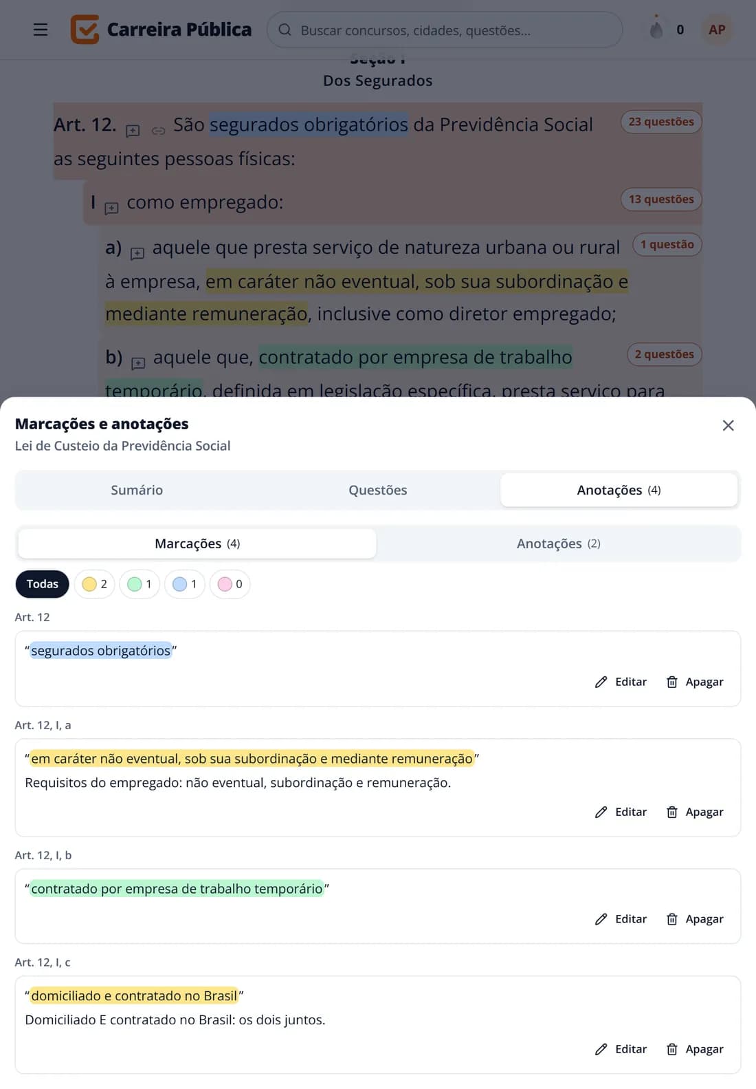Tablet com trechos da Lei 8.212/1991 marcados em amarelo, verde e azul e a lista de marcações e anotações aberta embaixo