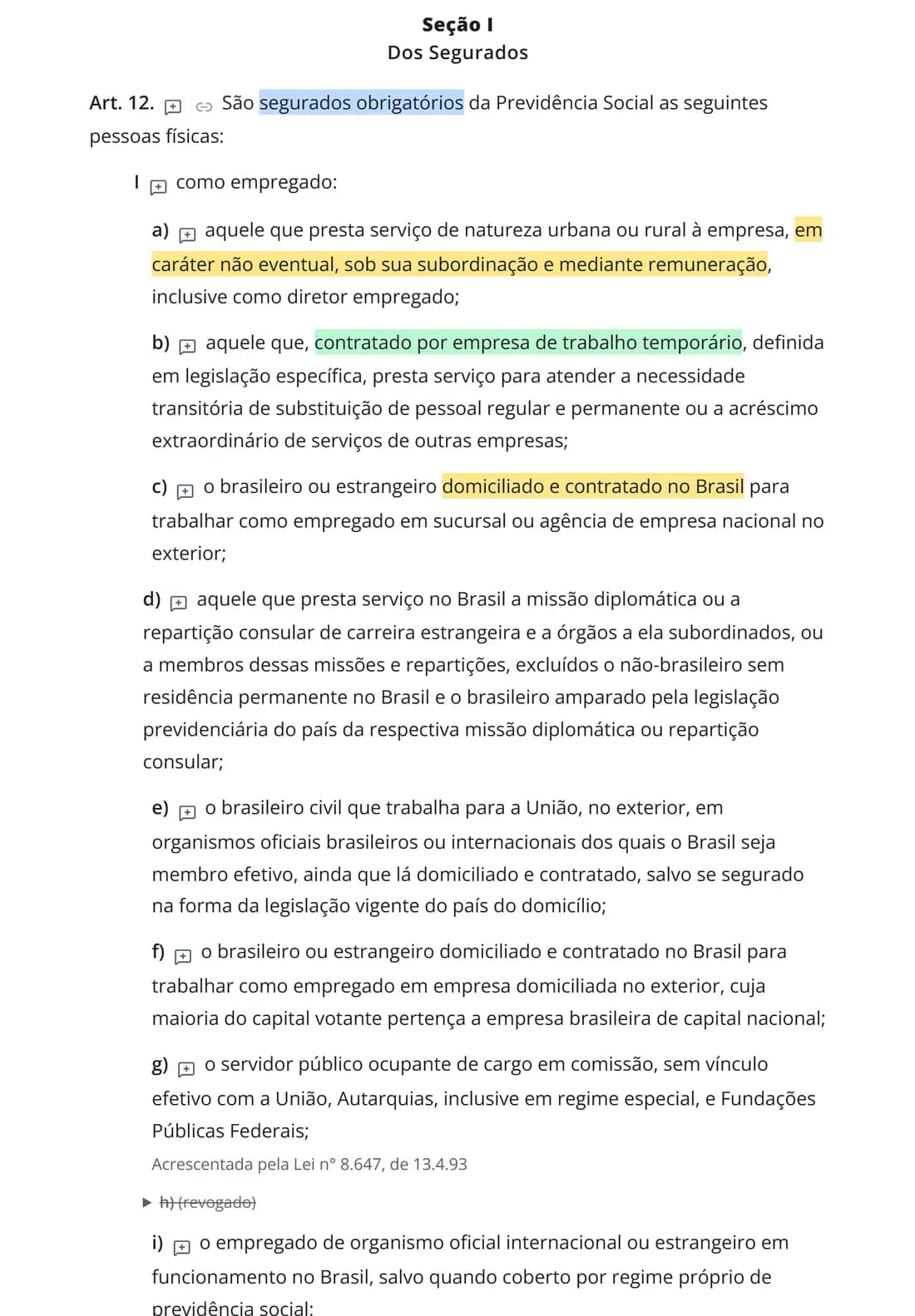Tablet no modo leitura em tela inteira: só o texto do art. 12 da Lei 8.212/1991, com os trechos marcados em cores